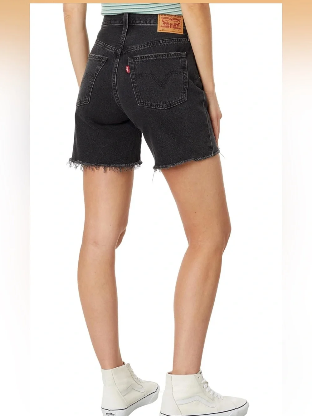 Levi's 501 Mid Thigh Black Distressed Jean Shorts with Frayed Hem - Picture 2 of 6
